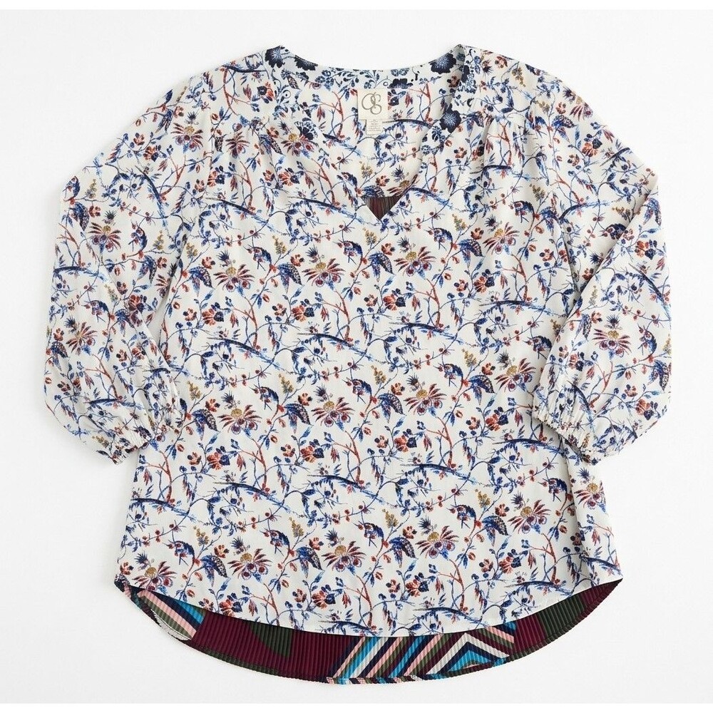 Anthropologie + One September  Floral Peasant Blouse Top White Blue Red Boho XS